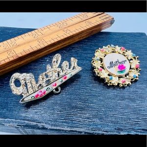 2 vintage “Mother” word brooch pins gold mother of pearl